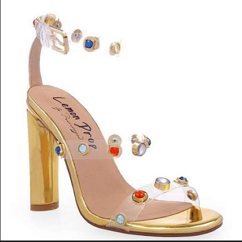 Lemon Drop by Privileged rhinestone clear strap metallic gold heel heels size 9